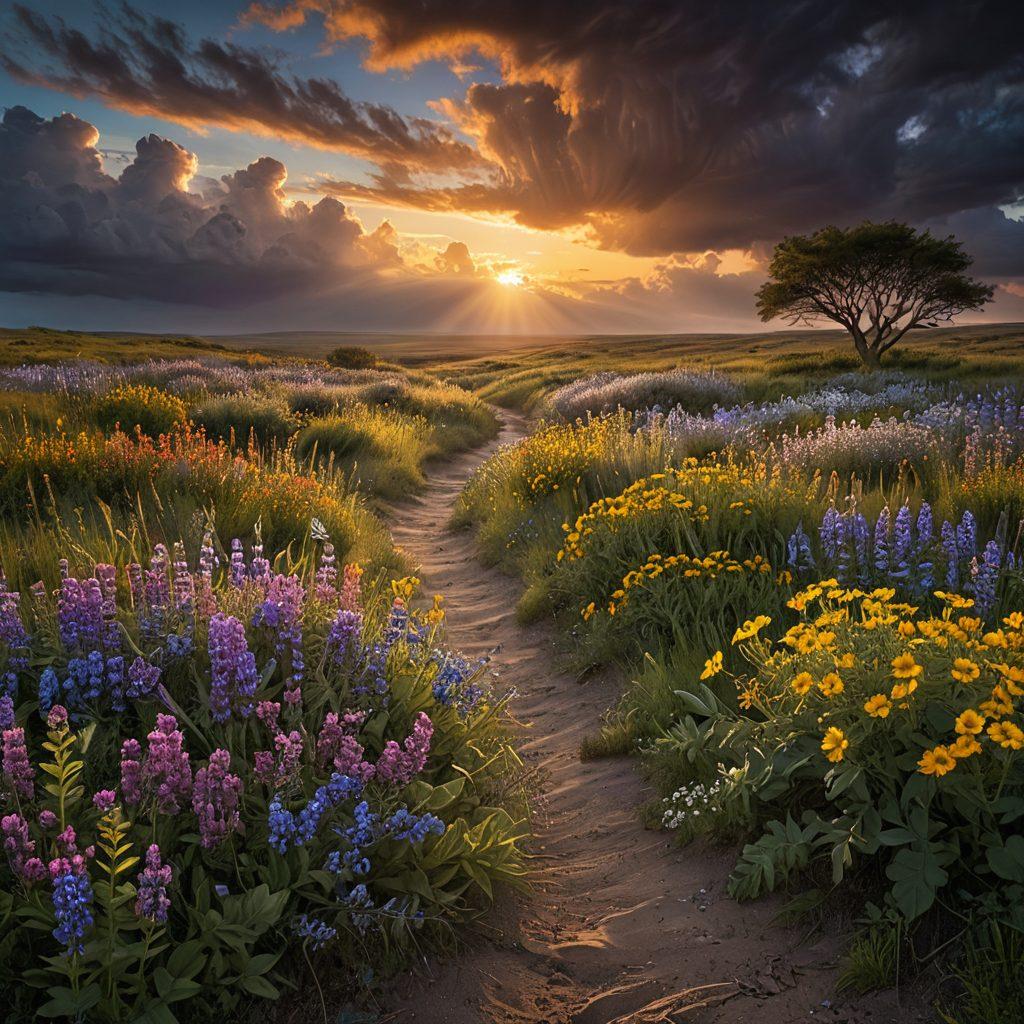 A serene landscape depicting a dark, stormy sky transitioning into a bright sunrise, symbolizing hope emerging from despair. In the foreground, a figure stands on a path lined with wildflowers, gazing towards the light. Soft rays breaking through the clouds cast a warm glow, illuminating the scene. Contrast between the moody background and vibrant flowers enhances the feeling of hope. surrealistic. vibrant colors.