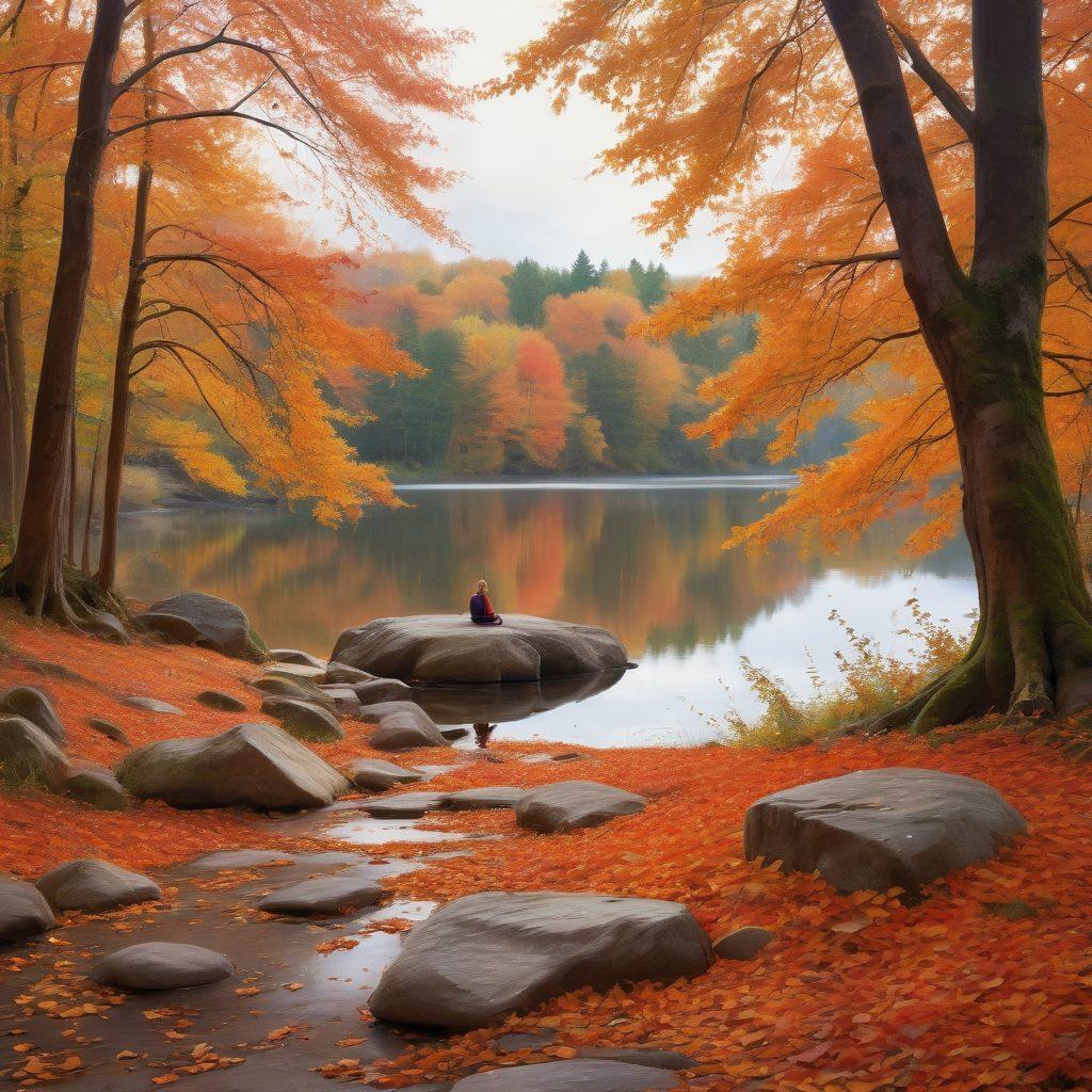 A serene landscape depicting a lone figure sitting on a rock at the edge of a tranquil lake, reflecting on the surrounding autumn foliage in shades of orange and gold. The figure is surrounded by gentle raindrops, symbolizing sadness, while a soft light breaks through the clouds above, representing hope and personal growth. Include elements like blooming flowers peeking through fallen leaves to signify resilience. painting. warm colors. dreamy atmosphere.