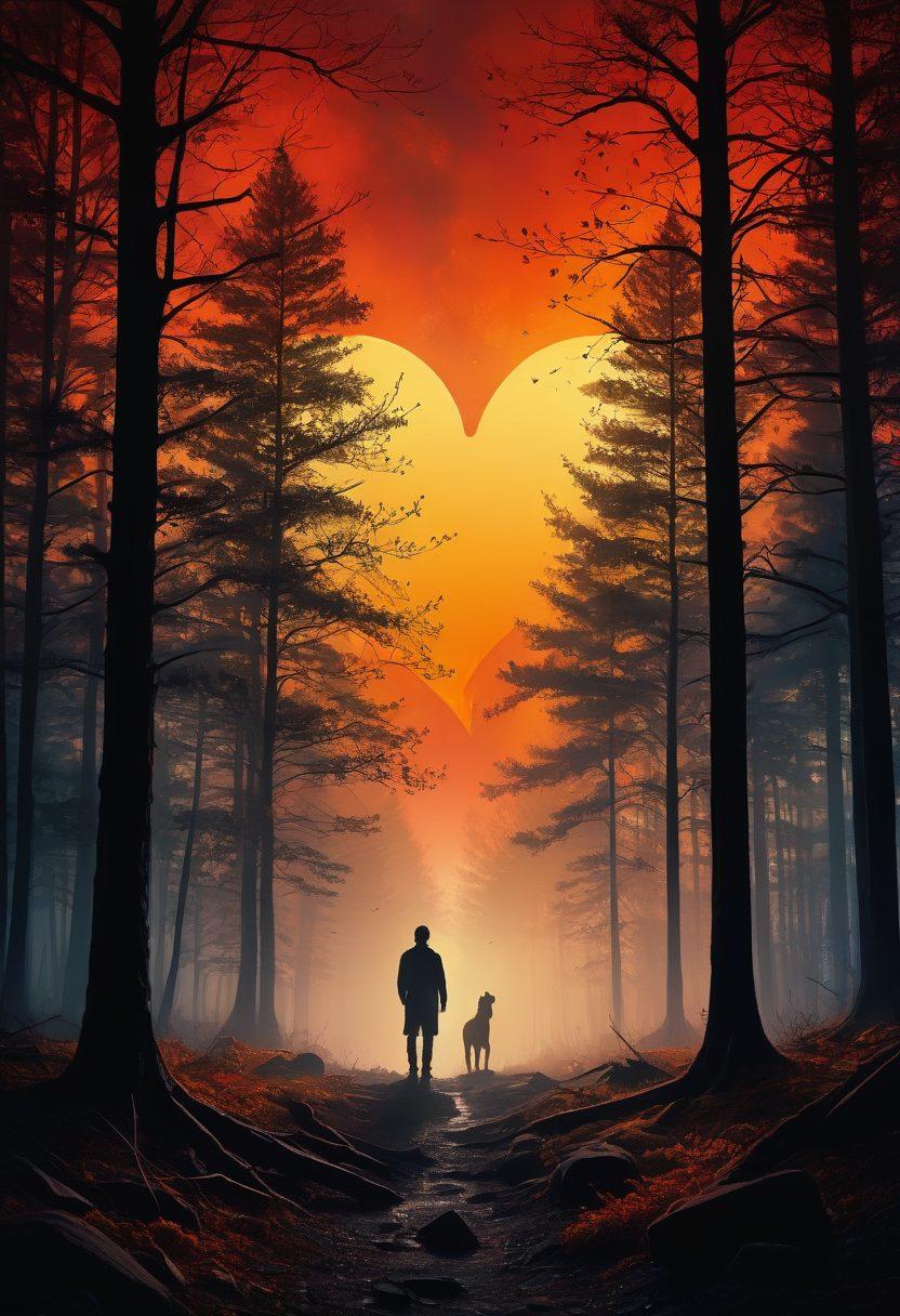 A silhouette of a person standing at the edge of a hazy forest, with shadows swirling around them, illuminating various emotional symbols like a heart, a storm cloud, and a sun. The background should feature misty trees blending into a twilight sky, enhancing the feeling of introspection and emotional depth. Emphasize contrasting colors for the emotions against the subdued shades of the forest. ethereal. super-realistic. vibrant colors.
